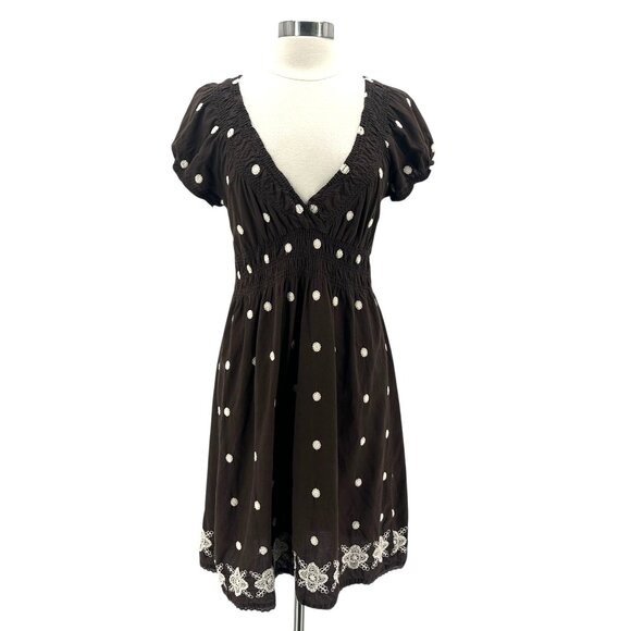 Cute Options Womens Large Dress Embroidered Polka Dot Brown Babydoll - Picture 1 of 8